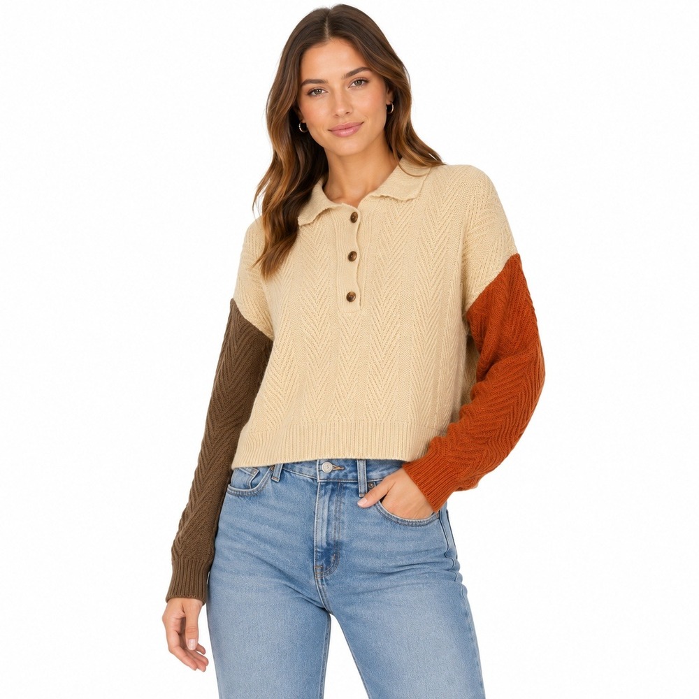 *NWOT* Shein Colorblock Chevron Knit Polo Sweater Women Size S Cream Brown Rust